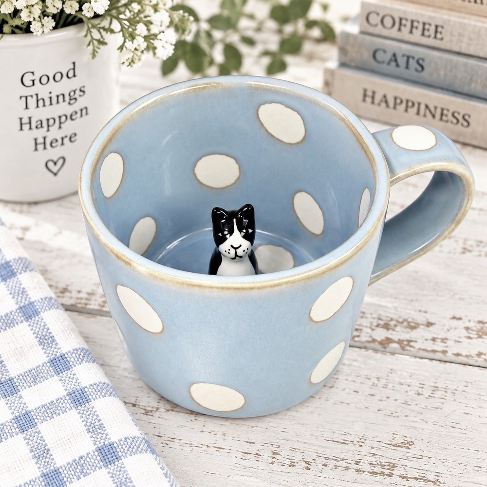 Anthropologie Peeping Pet Figurine Coffee Mug Tuxedo Cat Blue Polka Dot 13.75 oz